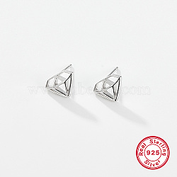 Anti-Tarnish Diamond Shaped Rhodium Plated 925 Sterling Silver Stud Earrings for Women, with 925 Stamp, Platinum, 9x12mm(CC0572-1)