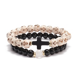 2Pcs 2 Style Natural & Synthetic Mixed Stone Cross Stretch Bracelet Sets with Wood Beaded for Women, Inner Diameter: 2-3/8 inch(6cm), 1Pc/style(BJEW-JB08344)