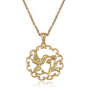 Hummingbird and Flower Pendant Necklace, Brass Jewelry for Women, Golden, 17.72 inch(45cm)