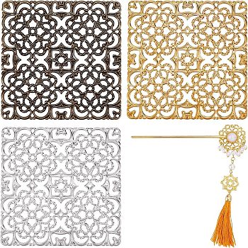 CHGCRAFT 12Pcs 3 Colors Alloy Filigree Joiners Findings, Hollow, Square, Mixed Color, 80x80x1mm, 4pcs/color