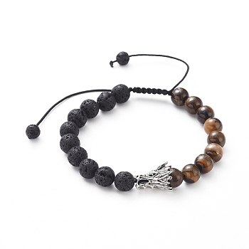 Unisex Adjustable Nylon Thread Braided Bead Bracelets, with Natural Lava Rock & Tiger Eye Round Beads, Tibetan Style Alloy Beads, Dragon Head, 5.8~10cm