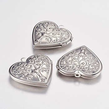 316 Stainless Steel Locket Pendants, Photo Frame Charms for Necklaces, Heart with Tree of Life, Stainless Steel Color, 29x29x7mm, Hole: 2mm