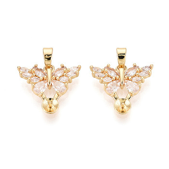Brass with Cubic Zirconia Cup Pearl Peg Bails Pin Pendants, Butterfly, for Half Drilled Beads, Real 18K Gold Plated, Clear, 15x17x3mm, Hole: 4.5~5x2.5mm, Pin: 0.8mm