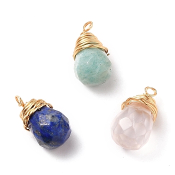 Natural Mixed Gemstone Wire Wrapped Pendants, with Golden Plated Copper Wire, Faceted, Teardrop, 18~19x10~10.5mm, Hole: 2~3mm