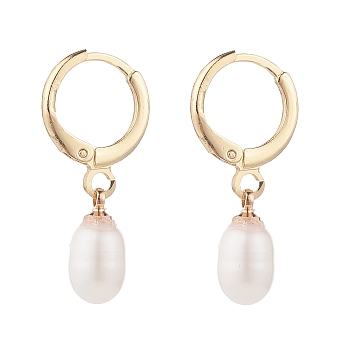 Natural Pearl Drop Hoop Earrings, Brass Jewelry for Women, Light Gold, Seashell Color, 25~26mm, Pin: 0.8mm