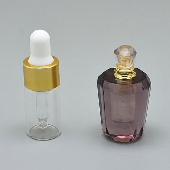 Faceted Synthetic Amethyst Openable Perfume Bottle Pendants, with Brass Findings and Glass Essential Oil Bottles, 40~48x21~25mm, Hole: 1.2mm, Glass Bottle Capacity: 3ml(0.101 fl. oz), Gemstone Capacity: 1ml(0.03 fl. oz)