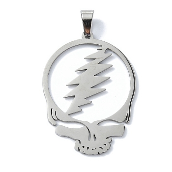 304 Stainless Steel Pendants, Laser Cut, Grateful Dead Head Skull with Lightening Bolt Charm, Stainless Steel Color, 39x27.5x1mm, Hole: 7x4mm