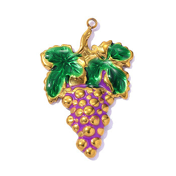 304 Stainless Steel Enamel Pendants, Grape Charm, Ion Plating(IP), Purple, Real 18K Gold Plated, 31x20mm, Hole: 1.6mm