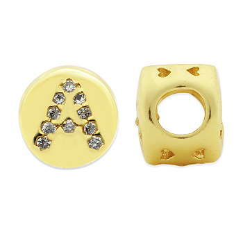 Brass Micro Pave Clear Cubic Zirconia Beads, Flat Round with Letter, Letter.A, 7.5x6.5mm, Hole: 3.5mm, 3pcs/bag