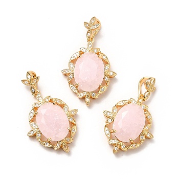Rack Plating Brass & Crushed Ice Cut Cubic Zirconia Pendants, with Rhinestone, Real 14K Gold Plated, Cadmium Free & Lead Free, Oval with Leaf, Pink, 27x22.5x7.5mm, Hole: 7.5x3.5mm