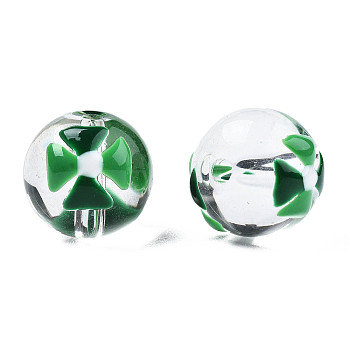 Transparent Glass Beads, with Enamel Windmill Pattern, Round, Green, 13x12x11mm, Hole: 1.6mm