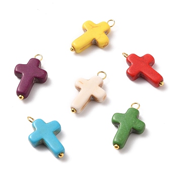 Synthetic Howlite Pendants, with Golden Brass Ball Head Pins, Cross, Mixed Color, 20x12x4mm, Hole: 2mm