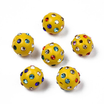 Polymer Clay Rhinestone Beads, Pave Disco Ball Beads, Round, Goldenrod, PP15(2.1~2.2mm), 9~10.5x9mm, Hole: 1.2mm
