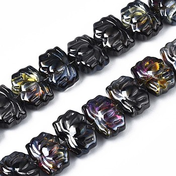 Electroplate Glass Beads Strand, Half Plated, Lotus Flower, Black Plated, 10.5x14x6~7mm, Hole: 1mm, about 65pcs/strand, 24.02 inch~ 24.41 inch(61~62cm)