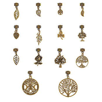 28Pcs Tibetan Style Alloy  Pendants, with Dreadlocks Braiding Beads, for Hair Styling, Leaf & Tree of Life & Clover, Antique Bronze, 25~55mm, Hole: 3.5mm, 14 style, 2pcs/style, 28pcs/set