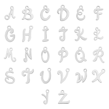 26Pcs 26 Style 201 Stainless Steel Charms, Laser Cut, Alphabet A~Z, Stainless Steel Color, 10~13x4.5~10x1mm, Hole: 1.4mm, 1pc/style