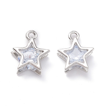 Alloy Clear Cubic Zirconia Charms,Long-Lasting Plated, Star, Platinum, 14x12x5mm, Hole: 1.4mm