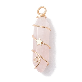 Natural Rose Quartz Double Terminal Pointed Pendants, Faceted Bullet Charms with Star Copper Wire Wrapped, Light Gold, 36~37x10~10.5x11mm, Hole: 3.5mm