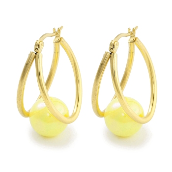 Ion Plating(IP) 304 Stainless Steel & Plastic Imitation Pearl Oval with Ball Hoop Earrings for Women, with 316 Stainless Steel Pins, Yellow, 32x15.5x19.5mm