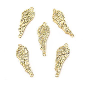 Brass Micro Pave Clear Cubic Zirconia Connector Charms, Wing Links, Real 18K Gold Plated, 31.5x11x2mm, Hole: 1.5mm