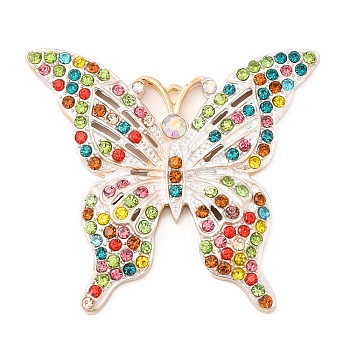 Zinc Alloy Pendants, with Rhinestone, Butterfly, Colorful, 45x49x4.5mm, Hole: 1.6mm