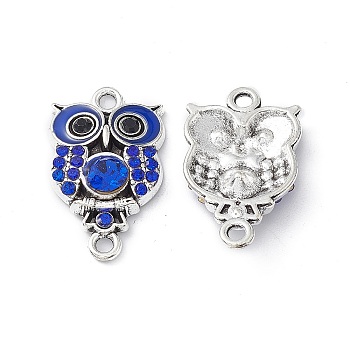 Alloy Rhinestone Connector Charms, Owl Charms, with Enamel, Antique Silver, Blue, 25x15x4.5mm, Hole: 2mm