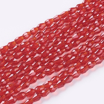 Faceted Glass Beads Strands, teardrop, FireBrick, 5x3mm, Hole: 0.5mm, about 85~95pcs/strand, 16.5~18.7 inch(42~47.5cm)