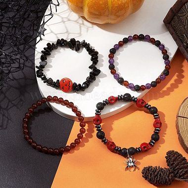 4Pcs Halloween Skull Pumpkin Gemstone Beaded Stretch Bracelets Kit(BJEW-TA00483)-5