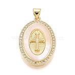 Brass Micro Pave Clear Cubic Zirconia Pendants, with Shell, Oval with Cross Charms, Real 18K Gold Plated, 27x18.5x3.5mm, Hole: 4.5x3.5mm(KK-N268-87G)