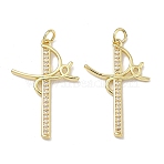 Brass Micro Pave Clear Cubic Zirconia Pendants, Rack Plating, Long-Lasting Plated, Lead Free & Cadmium Free, F&eacute; Faith Cross Charms, Real 18K Gold Plated, 31x20x1.5mm, Jump Ring: 5x1mm, Inner Diameter: 3.3mm(KK-K420-05G)