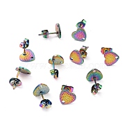 Ion Plating(IP) 304 Stainless Steel Stud Earring Findings, with Ear Nuts, Textured Heart, Rainbow Color, 12x9mm, Hole: 1.4mm, Pin: 0.7mm(STAS-I183-08A-M)