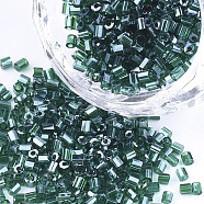 Grade A Glass Seed Beads, Hexagon(Two Cut), Transparent Colours Lustered, Dark Green, 1.5~2.5x1.5~2mm, Hole: 0.8mm, about 2100pcs/bag, 450g/bag(SEED-S022-03P)