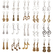 Music Theme Alloy Pendant Decoration, with Lobster Claw Clasps, Mixed Shapes, Mixed Color, 33~45mm, 20 style, 2pcs/style, 40pcs/set(HJEW-AB00411)