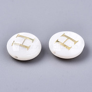 Natural Freshwater Shell Beads, with Golden Plated Brass Etched Metal Embellishments, Flat Round, Seashell Color, Letter.H, 8x3~5mm, Hole: 0.5~07mm(SHEL-S266-12H)