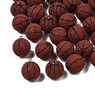 Opaque Resin Pendants, Sports Charms, with Platinum Tone Iron Loop, Basketball Shape, Saddle Brown, 26~28x22mm, Hole: 2mm(X-RESI-R426-16D)