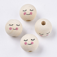 Natural Wood European Beads, Printed, Large Hole Beads, Round, Old Lace, 15~16mm, Hole: 4mm(X-WOOD-S055-17)