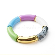 Chunky Curved Tube Beads Stretch Bracelet, CCB Plastic & Acrylic Imitation Gemstone Bracelet, Blue, Inner Diameter: 2-1/8 inch(5.5cm)(BJEW-JB06683-01)
