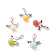 Dyed Natural White Jade Pendants, with Tibetan Style Alloy Heart Beads and Zinc Alloy Lobster Claw Clasps, Frosted, Round, Mixed Color, 35mm, Hole: 4x5mm(HJEW-JM00524)