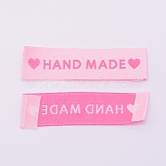 Woven Sewing Labels, Cloth Labels, for Sewing, Knitting, Crafts, Word Handmade with Heart, Pearl Pink, 15x60x0.5mm(FIND-TAC0005-02A)