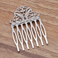 Iron Hair Combs Findings, with Brass Flower, Platinum, 65x38x2mm(OHAR-PW0001-395P)
