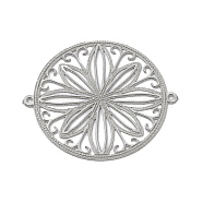 201 Stainless Steel Connector Charms, Flat Round with Flower Links, Etched Metal Embellishments, Stainless Steel Color, 23x20x0.3mm, Hole: 0.7mm(STAS-K257-30P)