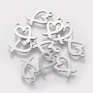 201 Stainless Steel Charms, Heart Ribbon, Stainless Steel Color, 14x9x1.1mm, Hole: 1.5mm(STAS-Q201-T492)