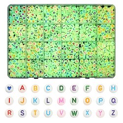 1350Pcs 27 Style Acrylic Beads, Glow in the Dark, with Enamel and Luminous, Horizontal Hole, Flat Round with Alphabet & Heart, Mixed Color, 6.5~7x3.5~4mm, Hole: 1.2~1.6mm, 50pcs/style(MACR-YW0002-15)