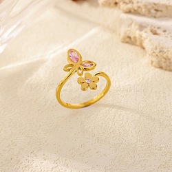 304 Stainless Steel with Glass Rhinestone Open Cuff Rings, Flower, Ion Plating(IP), Real 18K Gold Plated, Inner Diameter: 22.1mm(RJEW-Z132-04G)