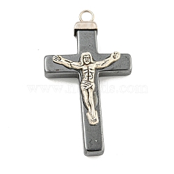 Religion Synthetic Non-Magnetic Hematite & Alloy Pendants, Jesus Corss Charms, Original Color, 38.5x22x6mm, Hole: 2.4mm(G-C136-02)