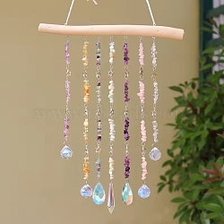 Teardrop Glass Suncatchers, Natural Amethyst, Quartz Crystal, Fluorite, Rose Quartz, Carnelian Chip Hanging Ornaments, Rainbow Maker, for Garden & Home Decoration, Mixed Color, 520mm(PW-WGB674D-02)