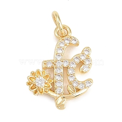 Brass Micro Pave Clear Cubic Zirconia Pendants, Cadmium Free & Lead Free, Flower with F&eacute; Faith Charms, Real 18K Gold Plated, 16x12.5x2mm, Hole: 3mm(KK-D258-39G-01)