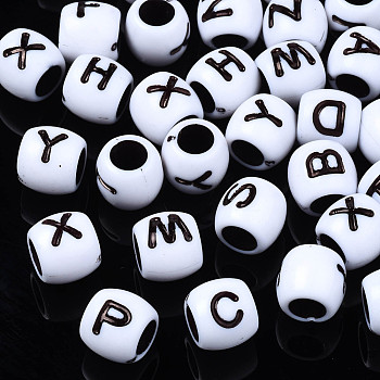 Opaque Acrylic European Beadss, Large Hole Beads, Barrel with Alphabet, Letter A~Z, 9x8mm, Hole: 5mm, about 1519pcs/500g