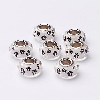 Glue Glass European Beads, Large Hole Beads, with Brass Double Cores, Rondelle, Platinum, White, 14~15x8mm, Hole: 5mm