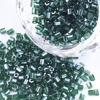 Grade A Glass Seed Beads, Hexagon(Two Cut), Transparent Colours Lustered, Dark Green, 1.5~2.5x1.5~2mm, Hole: 0.8mm, about 2100pcs/bag, 450g/bag